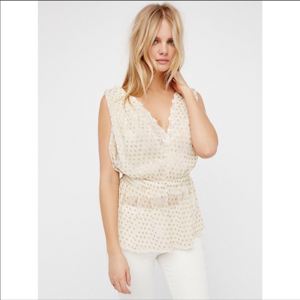Free People stardust ivory & gold star lace top